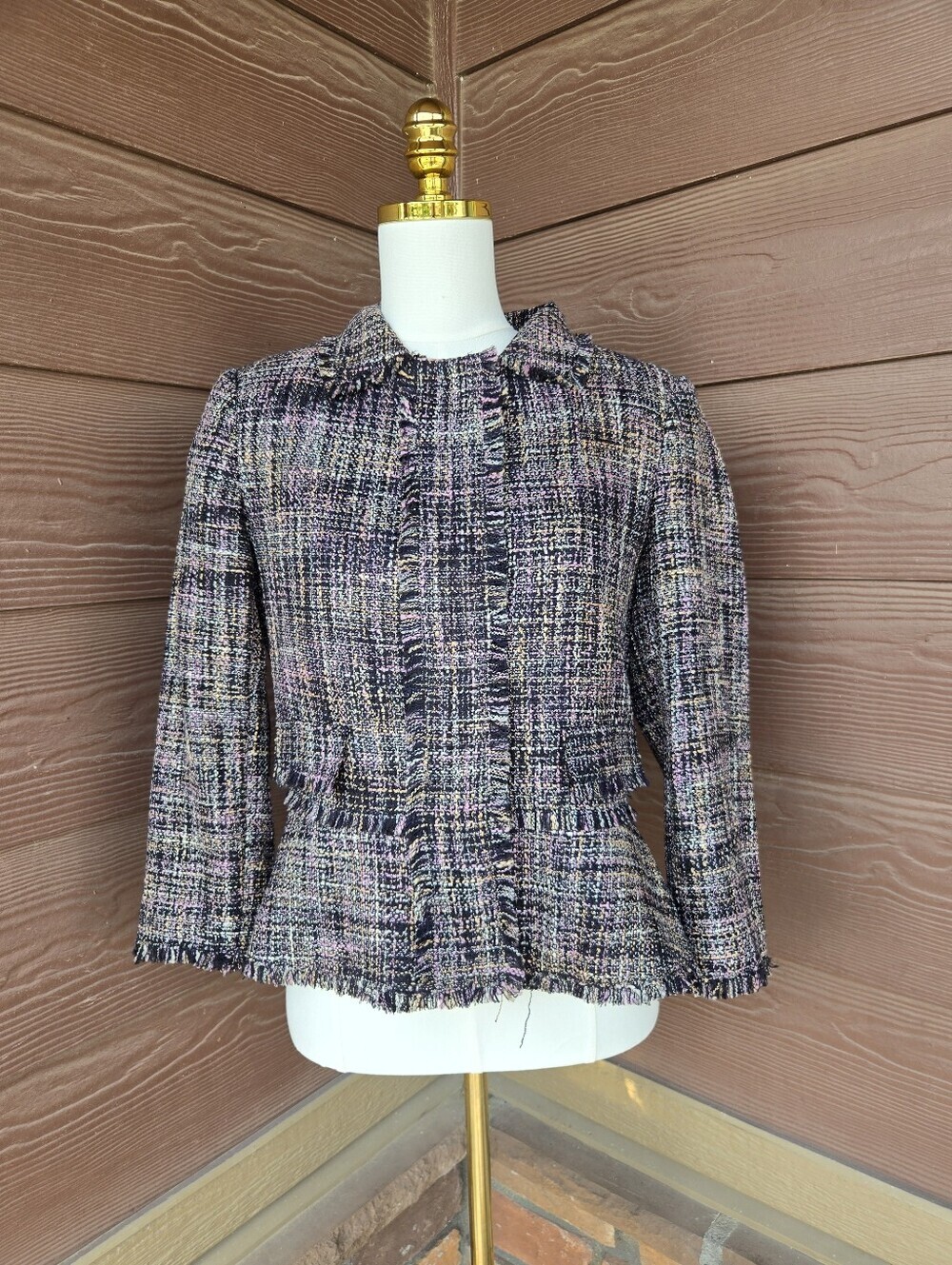 Ivanka Trump Frayed Trim Snap‑Front Peplum Blazer Jacket – Women’s Size 8